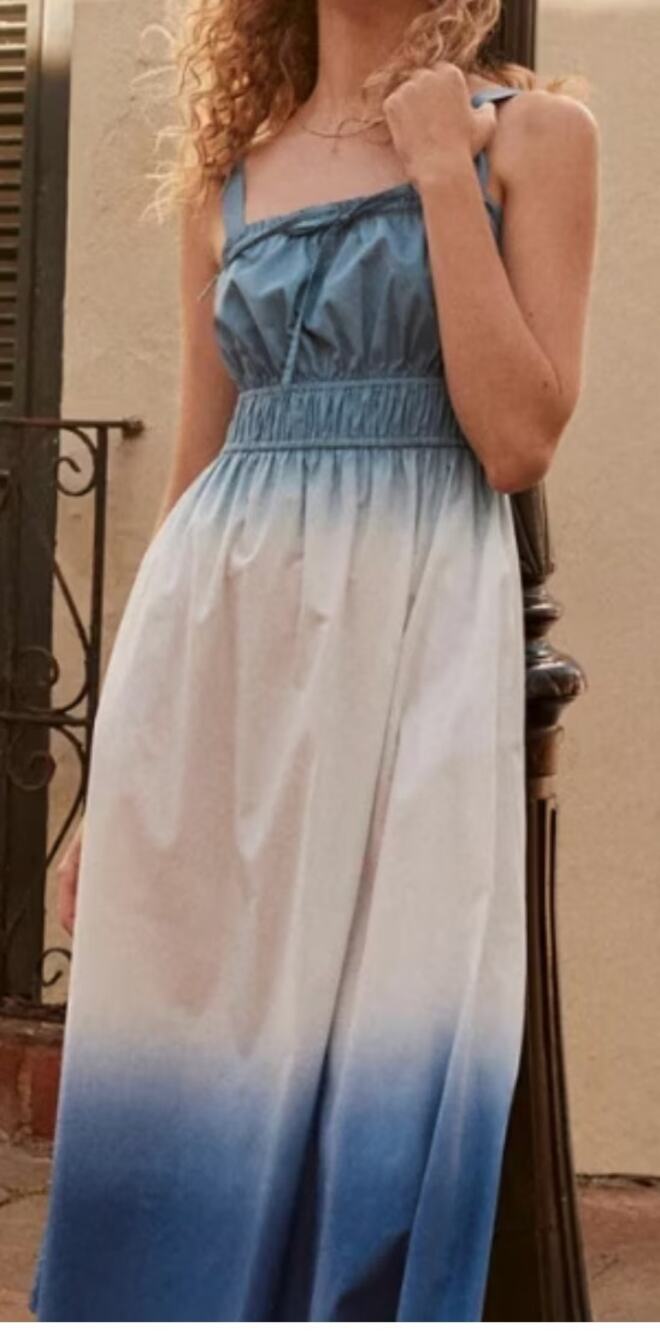 J. Crew Square Neck Smocked Waist Ombre Poplin Midi Dress Blue White XXS